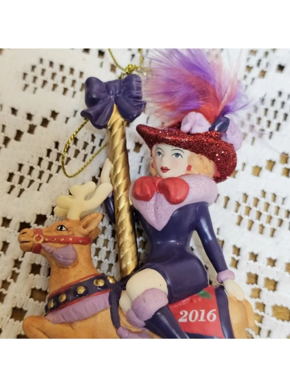 Danbury Mint Red Hat Society 2016 Ornament Lady Riding Carousel Reindeer BOXED